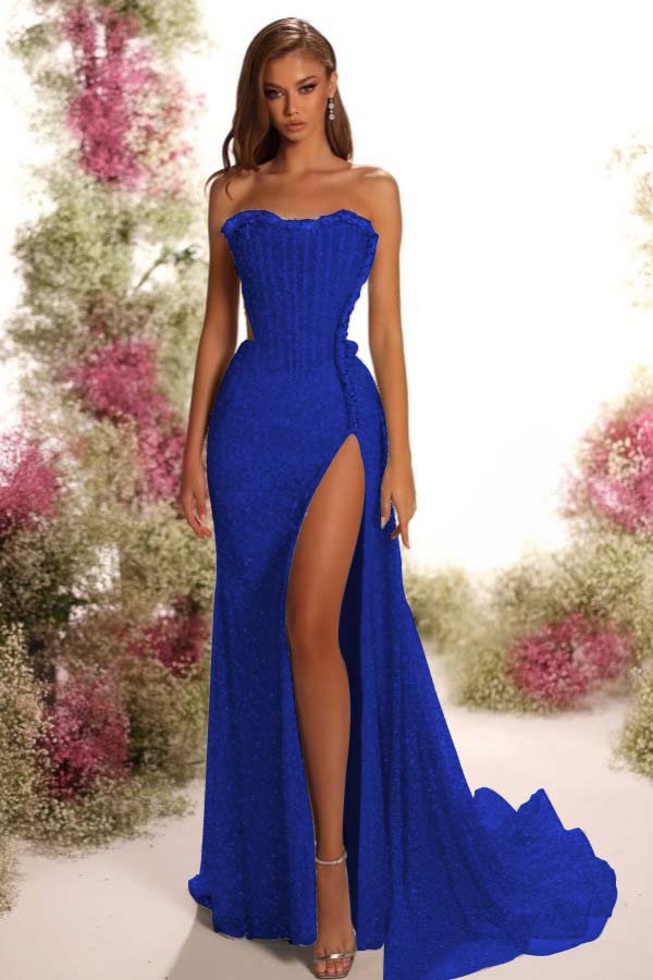Strapless Sleeveless Long Split Formal Dress With Pleated Sequins