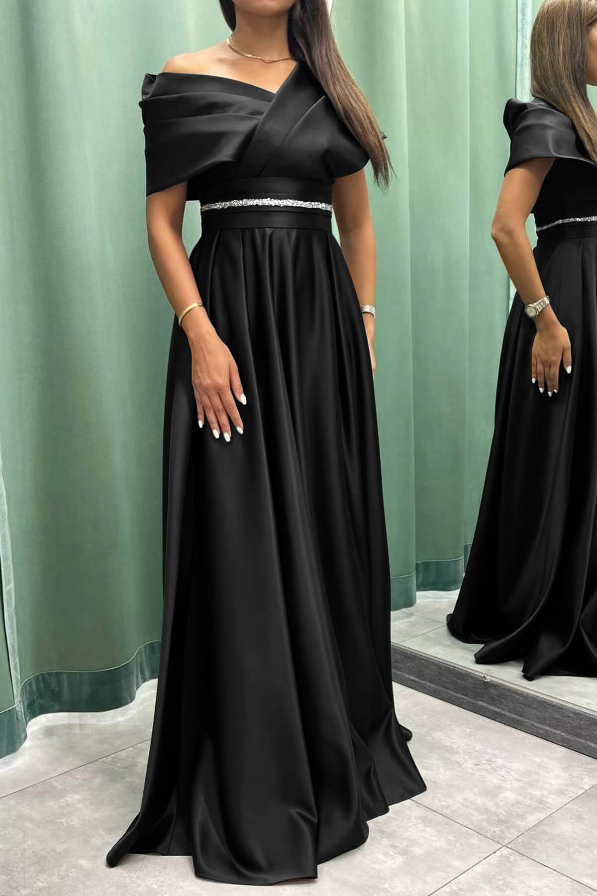 Newinlook Long Elegant Evening Dress Pleat Off-The-Shoulder
