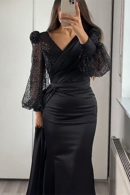 Newinlook Miable Mermaid Sequins V-Neck Long Sleeves Split Evening Dress With Ruffle
