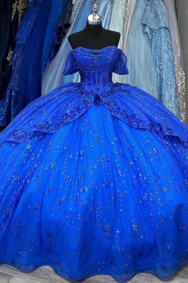 Royal Blue Off-Shoulder Ball Gown Sequined Pleated Tulle Quinceanera Dress for Sweet 16 & Formal Evenings