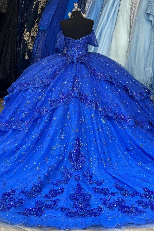 Royal Blue Off-Shoulder Ball Gown Sequined Pleated Tulle Quinceanera Dress for Sweet 16 & Formal Evenings