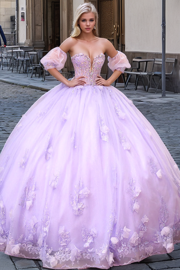 Purple Tulle Quinceanera Dress Sweetheart Neckline with Detachable Sleeves Beaded Crystal & 3D Floral Appliques for Sweet 16 & Birthday Parties