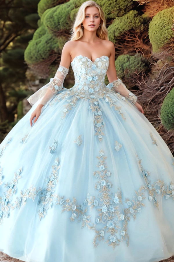 Sky Blue Quinceanera Dress Detachable Bell Sleeves & 3D Floral Lace-Up Ball Gown for Sweet 16 & Formal Events