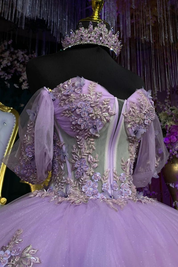 Lilac Ball Gown Off-Shoulder Sleeveless Quinceanera Dress with 3D Floral Appliques & Beaded Shawl for Formal Evenings