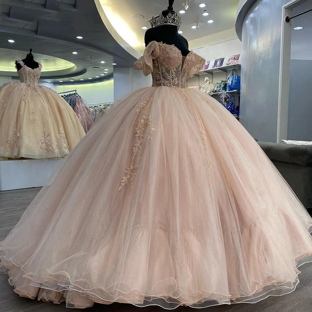 Blush Pink Quinceanera Dress Off-Shoulder Lace Applique Ball Gown with Beaded Details & Sweep Train