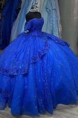 Royal Blue Off-Shoulder Ball Gown Sequined Pleated Tulle Quinceanera Dress for Sweet 16 & Formal Evenings
