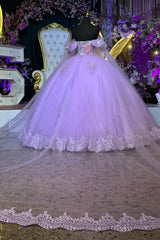 Lilac Ball Gown Off-Shoulder Sleeveless Quinceanera Dress with 3D Floral Appliques & Beaded Shawl for Formal Evenings