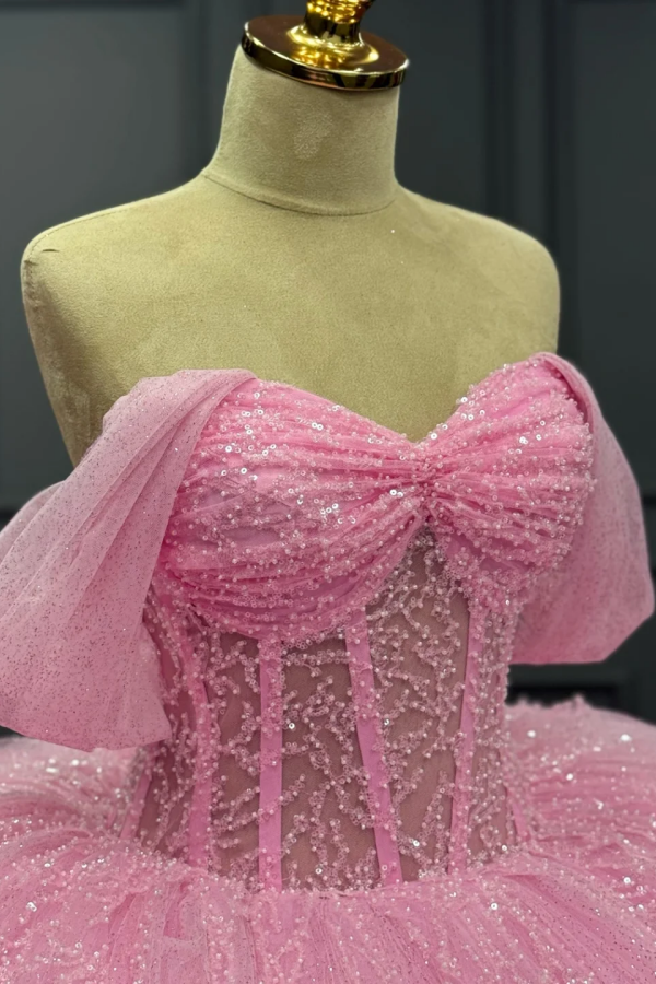Off-Shoulder Pleated Tulle Quinceanera Dress Beaded Tiered Ball Gown for Sweet 16 & Birthday Parties