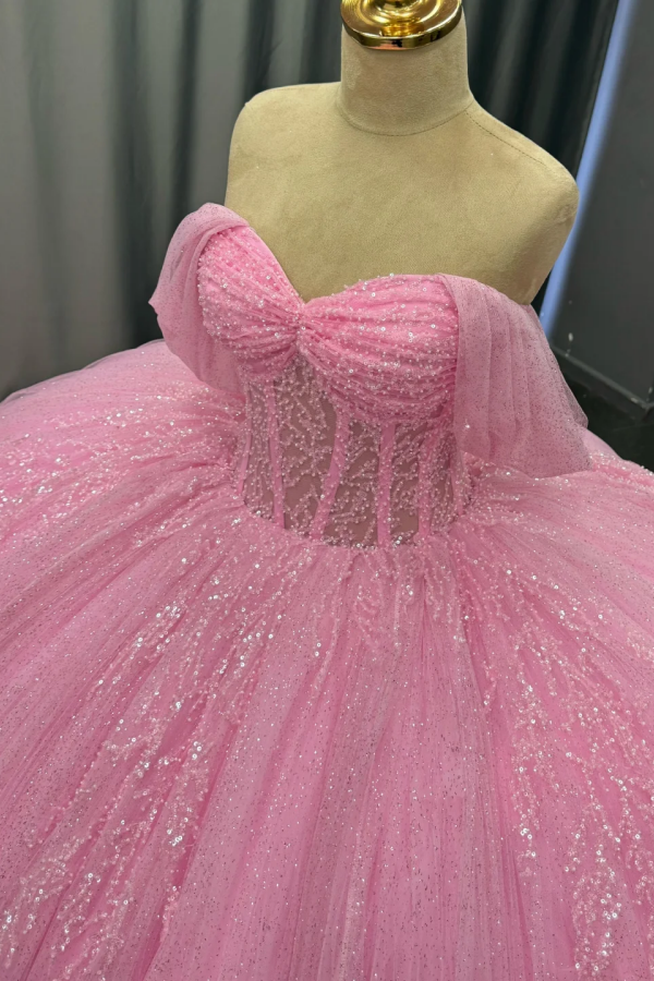Off-Shoulder Pleated Tulle Quinceanera Dress Beaded Tiered Ball Gown for Sweet 16 & Birthday Parties