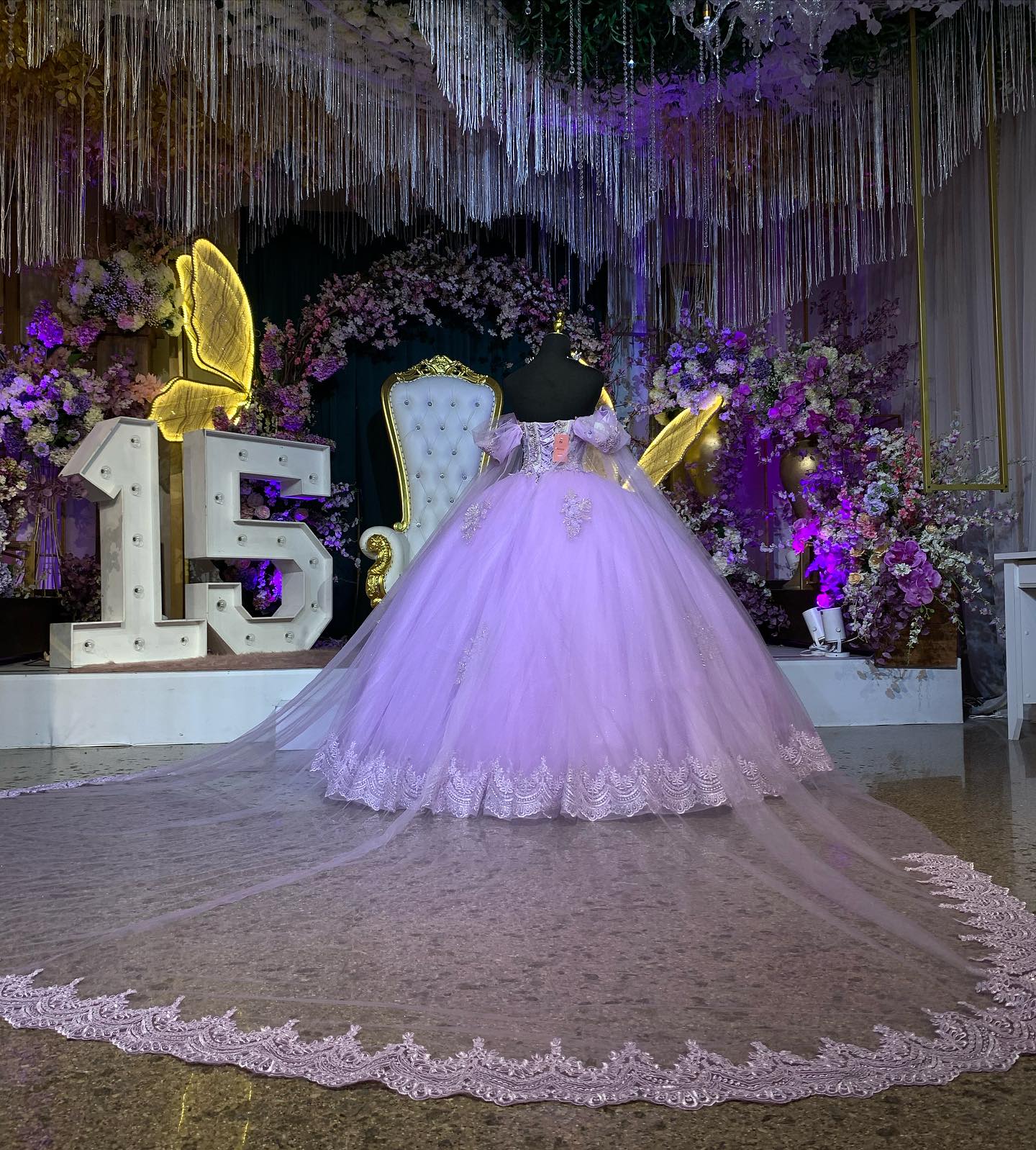 Lilac Ball Gown Off-Shoulder Sleeveless Quinceanera Dress with 3D Floral Appliques & Beaded Shawl for Formal Evenings