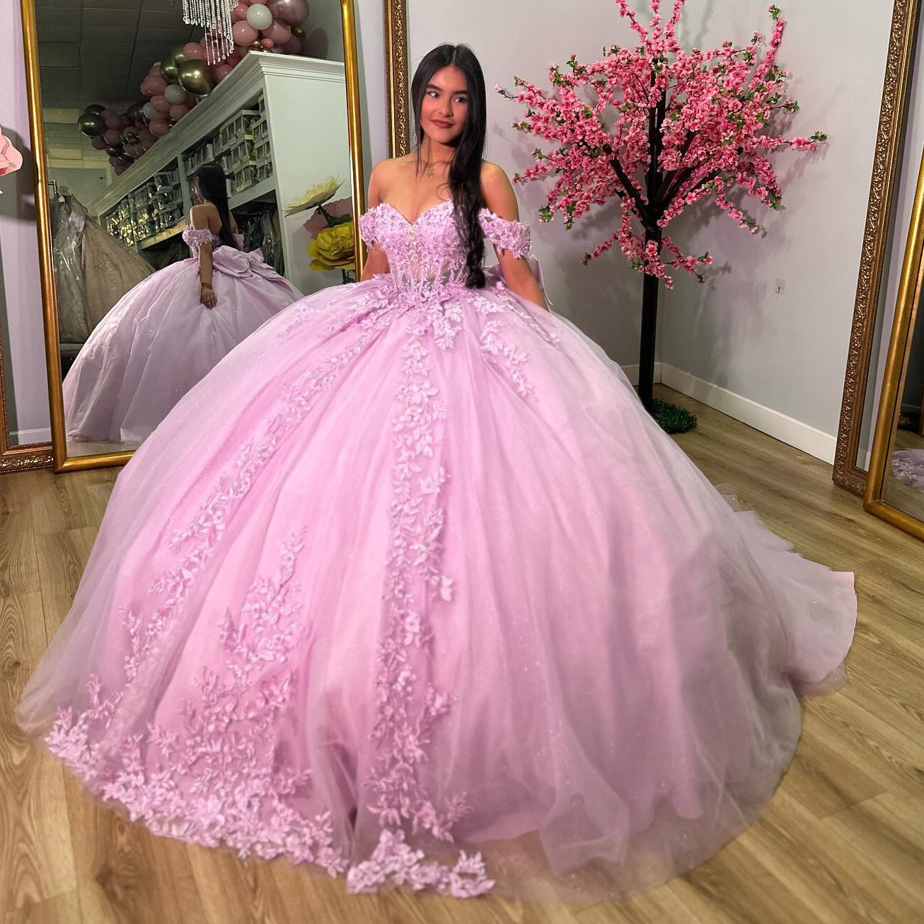 Pink Tulle Ball Gown Off-Shoulder Sweetheart Neckline with Lace Appliques & Bow Detail for Quinceanera Sweet 16 and Evening Parties