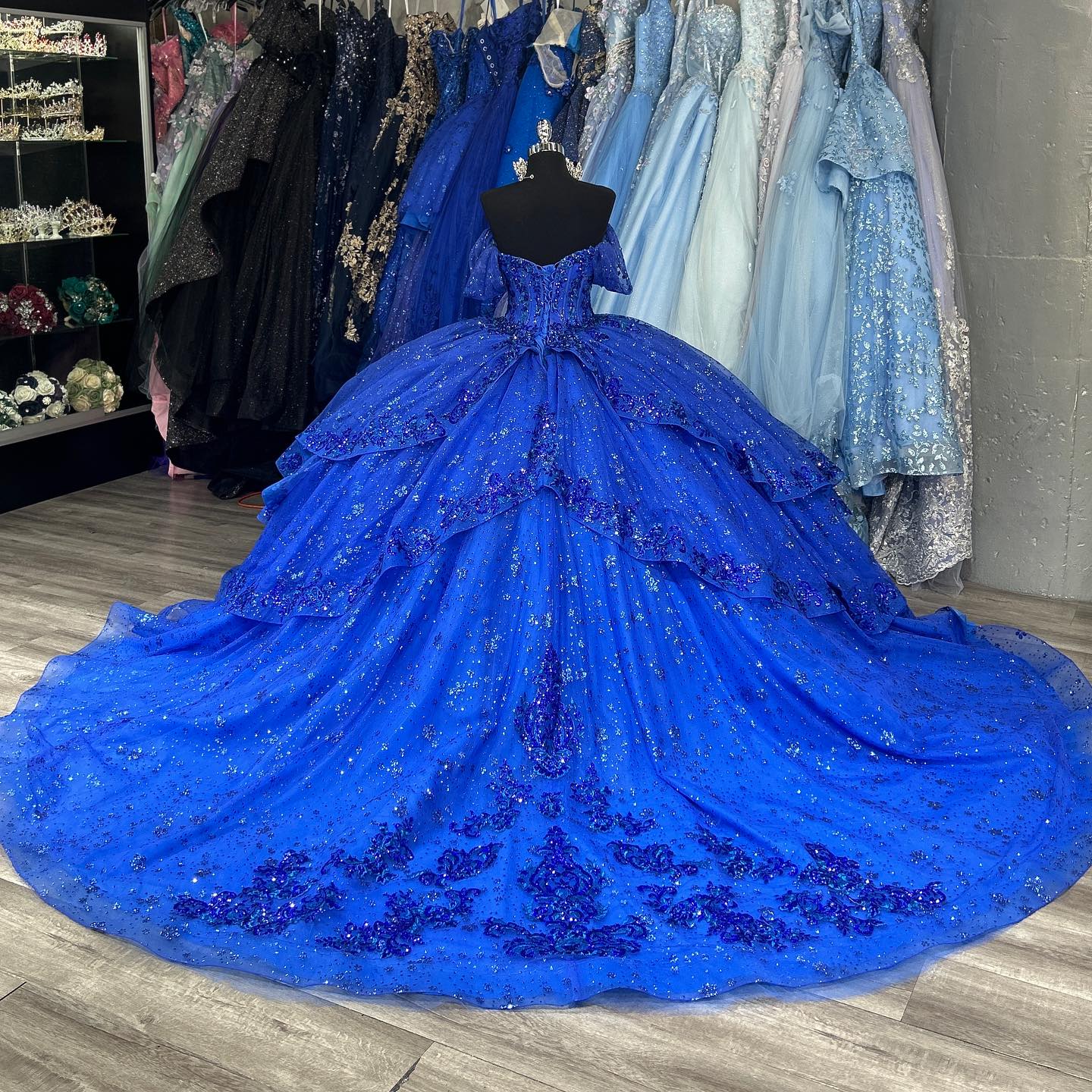 Royal Blue Off-Shoulder Ball Gown Sequined Pleated Tulle Quinceanera Dress for Sweet 16 & Formal Evenings