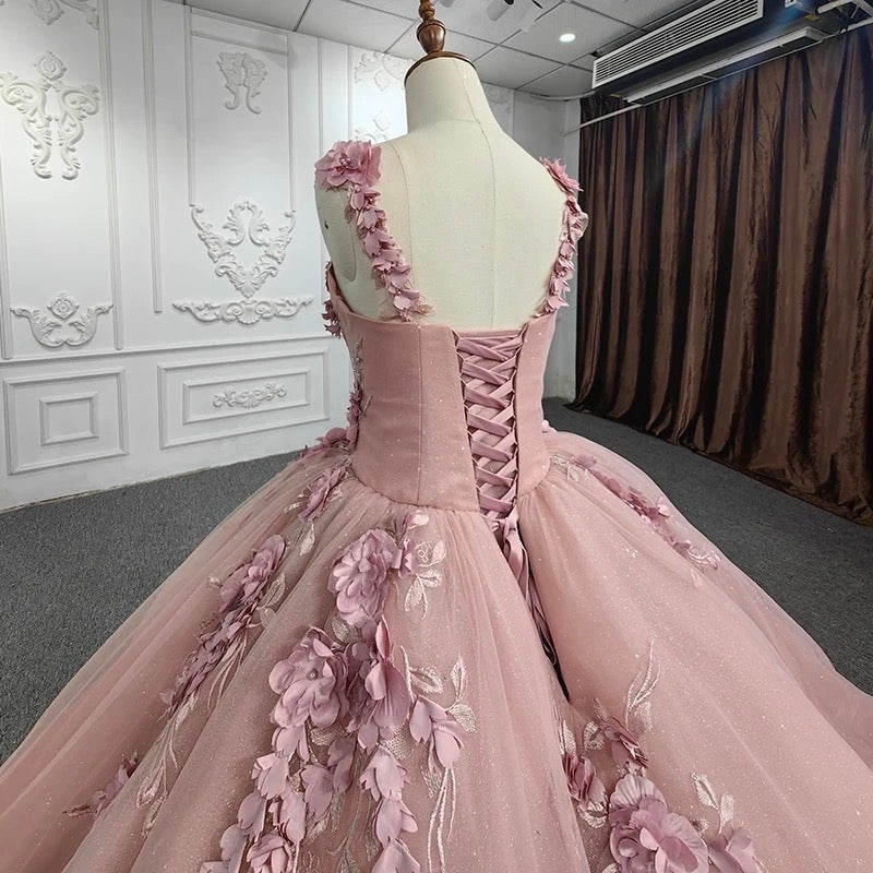 Ball Gown with Off-Shoulder Straps & 3D Floral Lace Appliques Rose Pink Tulle Quinceanera Dress for Sweet 16