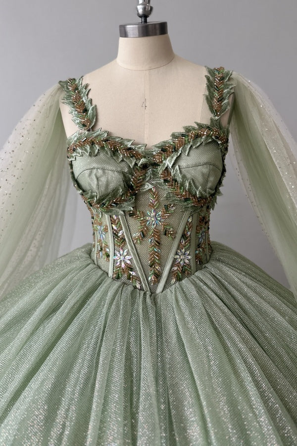 Sage Green Beaded Ball Gown Sweetheart Neckline Sparkling Tulle Quinceanera Dress for Sweet 16 & Formal Evenings