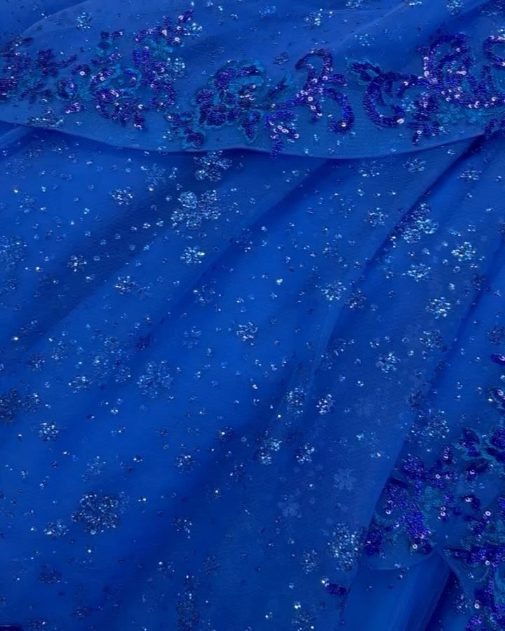 Royal Blue Off-Shoulder Ball Gown Tiered Glitter Tulle Lace Appliques & Beaded Details for Quinceanera Sweet 16 & Evening Galas