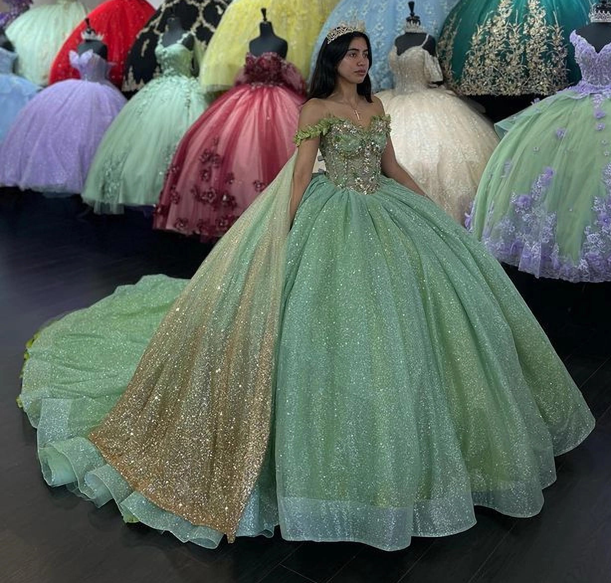 Sage Green Beaded Ball Gown Sweetheart Neckline Sparkling Tulle Quinceanera Dress for Sweet 16 & Formal Evenings