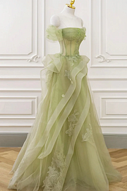 Tulle Off the Shoulder Sleeveless Long Formal Dress With Appliques