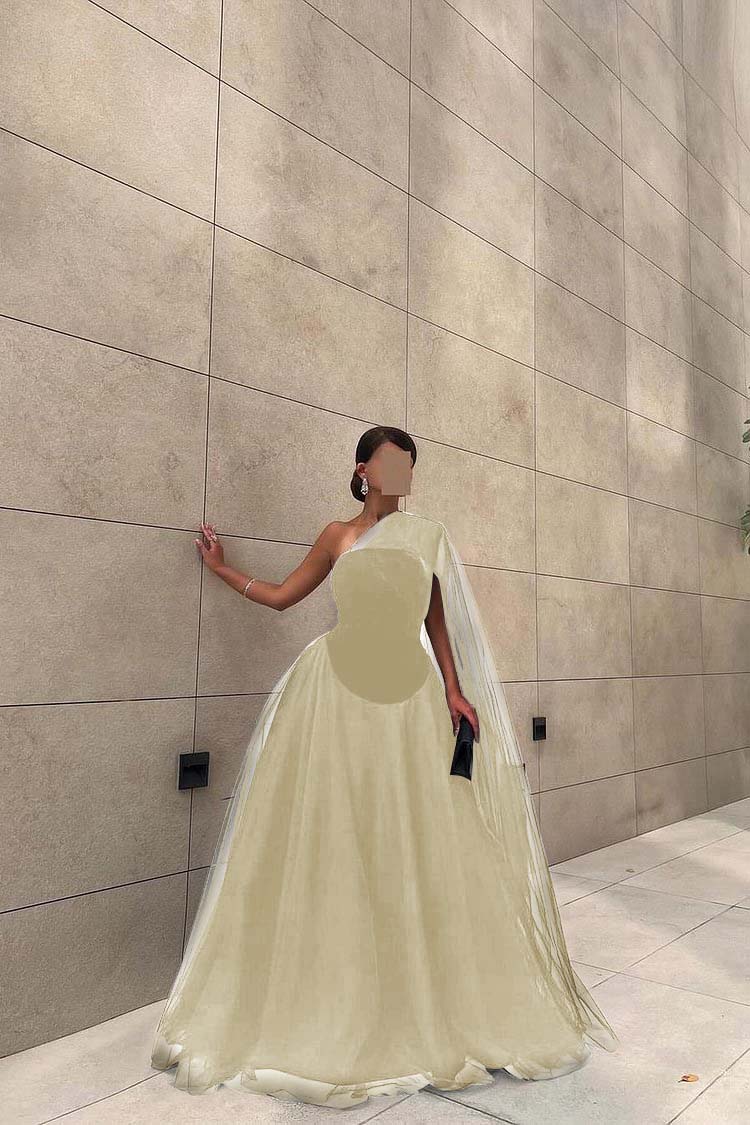 Chic Black Tulle One Shoulder Sleeveless Ball Gown Long Formal Dress