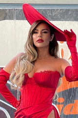 Newinlook Luxury Red Strapless Slit Long Evening Dress With Chic Gloves