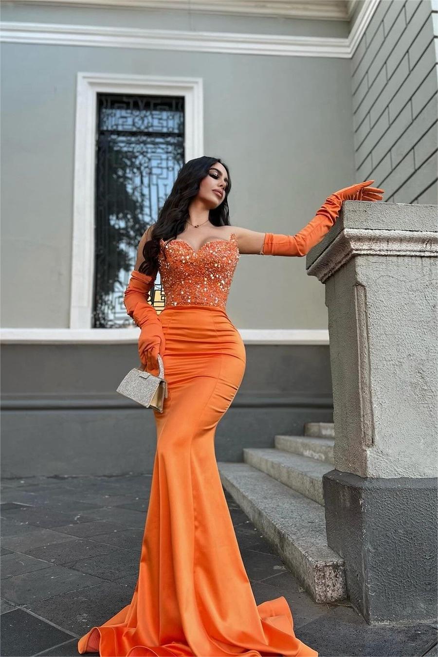 Glamorous Orange Stain Strapless Mermaid Beaded Long Formal Dress With Gloves