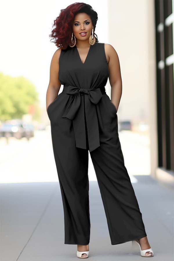 Newinlook Pool Blue V-Neck Sleeveless Jump Suit With Bow Belt