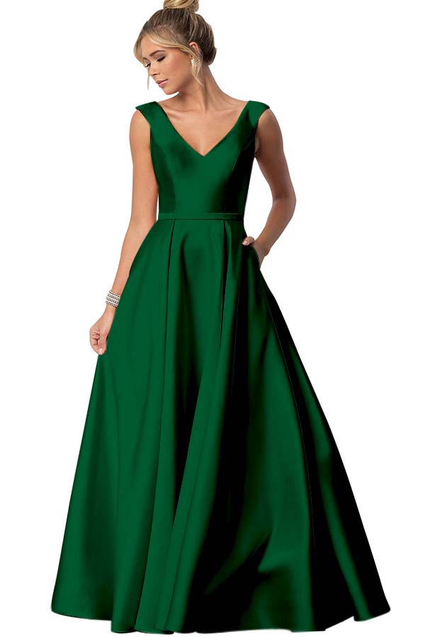 Straps V Neck Sleeveless Long Formal Dress With Pockets Pleated