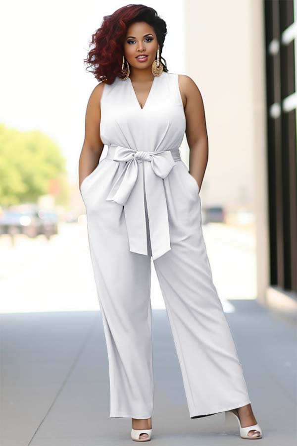 Newinlook Pool Blue V-Neck Sleeveless Jump Suit With Bow Belt