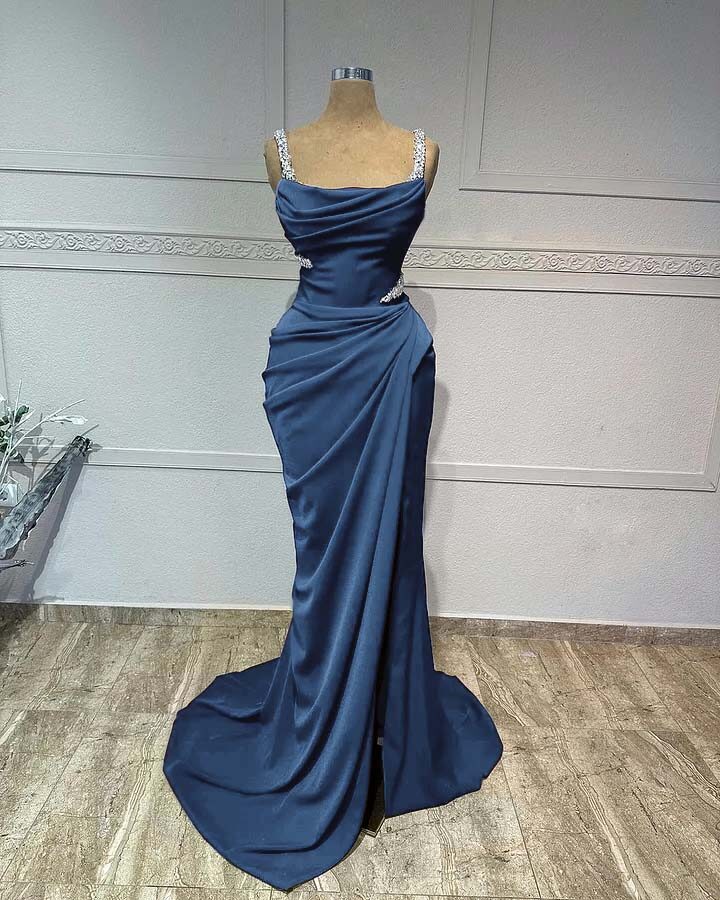 Straps Sleeveless Long Mermaid Formal Dress With Pleated Sequins