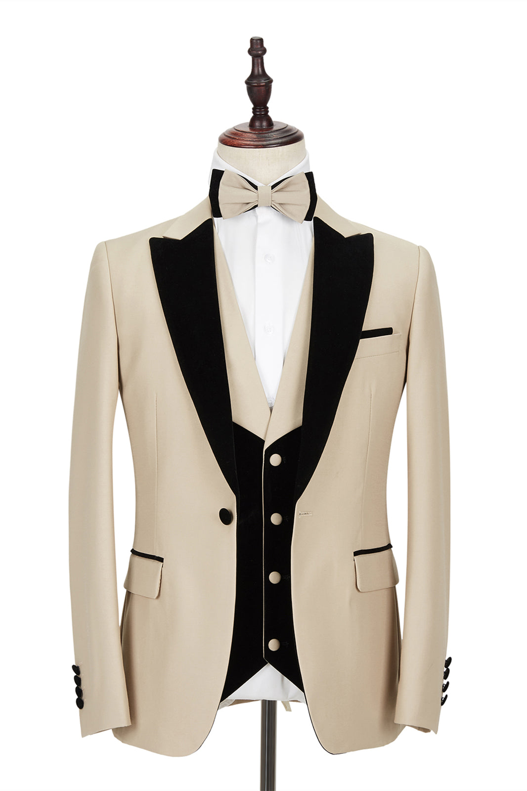 Newinlook Black Peak Lapel Champagne Wedding Suit with Velvet Edging