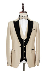 Newinlook Black Peak Lapel Champagne Wedding Suit with Velvet Edging