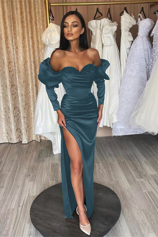 Newinlook Dark Green Sweetheart Slit Long Mermaid Evening Dress With Long Sleeves Sequins