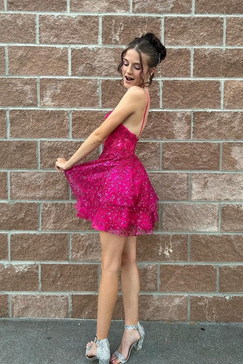Hot Pink A-Line Sequin Lace Short Homecoming Dress