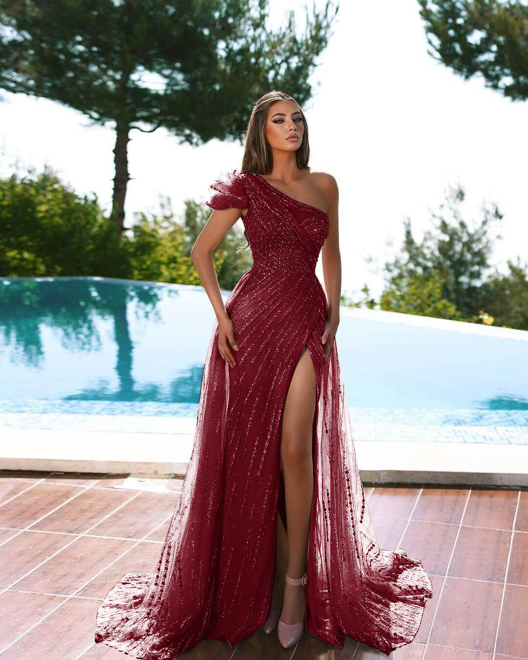 Newinlook Stunning Cap Sleeve One Shoulder Mermaid Evening Dress Tulle Long Slit With Beadings