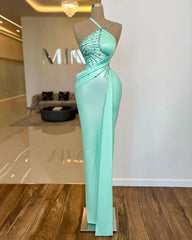 Newinlook Noble Halter Light Blue Sleeveless Sequins Mermaid Evening Dress