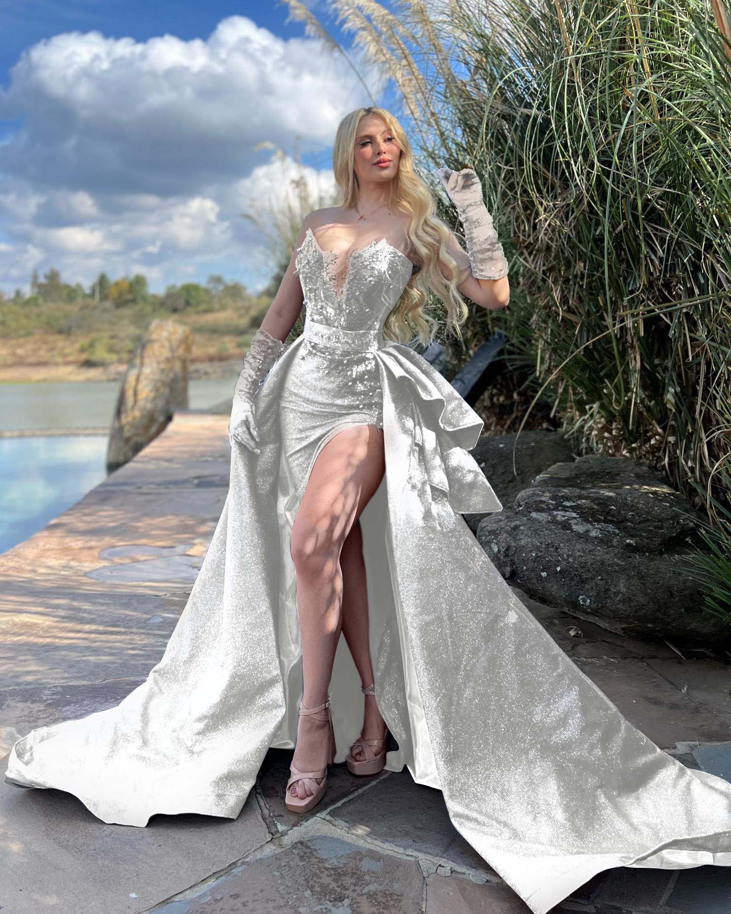 Strapless Sleeveless Long Split Formal Dress With Gloves Beading