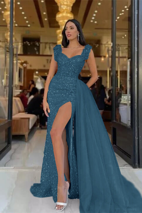 Newinlook Modern Slit Sky Blue Sweetheart Sequins Straps Mermaid Evening Dress Tulle With Detachable Ruffles