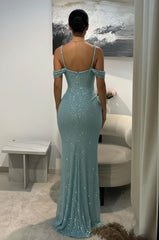 Schulterfreies, ärmelloses, langes Meerjungfrauen-Abendkleid mit Pailletten