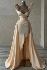 Newinlook Gorgeous V-Neck Evening Dress Beadings Sleeveless Mermaid With Slit