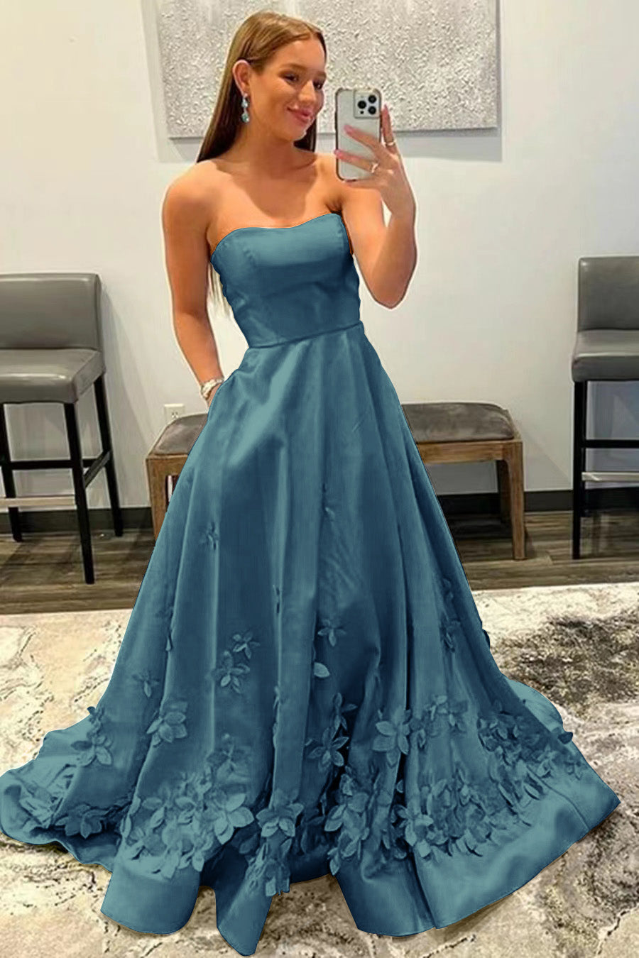 Newinlook Baby Blue Strapless Appliques Sleeveless Evening Dress