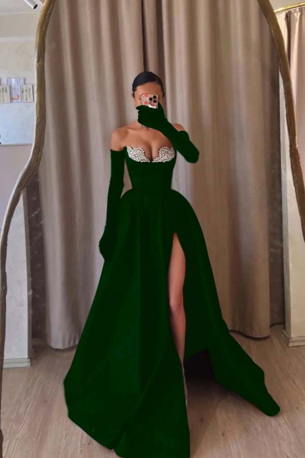 Strapless Sleeveless Long Split Formal Dress With Beading Long Gloves