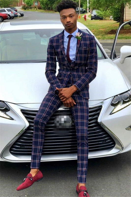 Newinlook Classic Dark Navy Wedding Suit with Plaid for Men