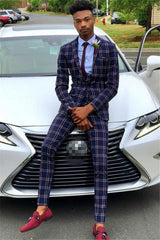 Newinlook Classic Dark Navy Wedding Suit with Plaid for Men