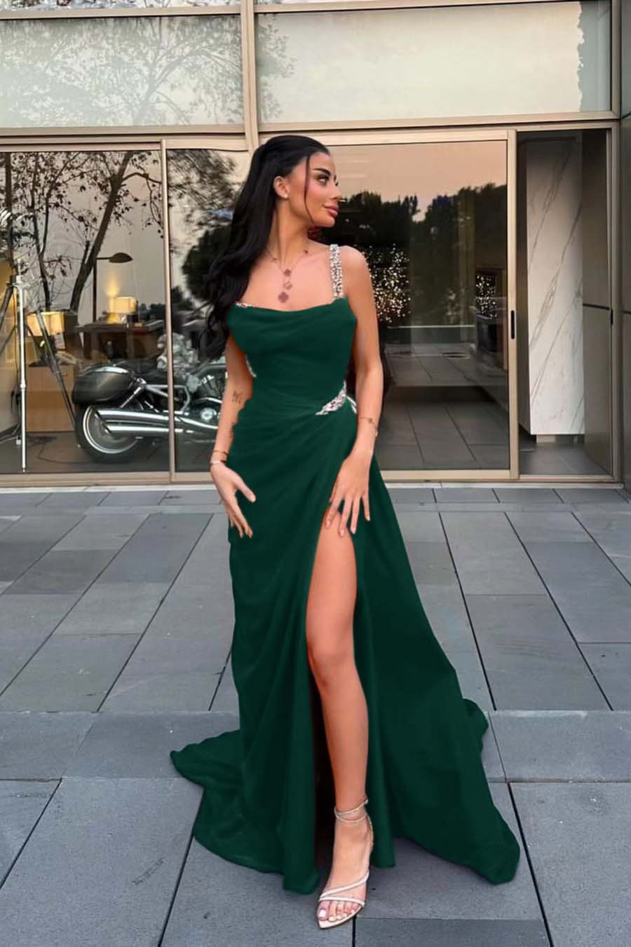 Spaghetti Strap Sleeveless Long Formal Dress With Split Beading