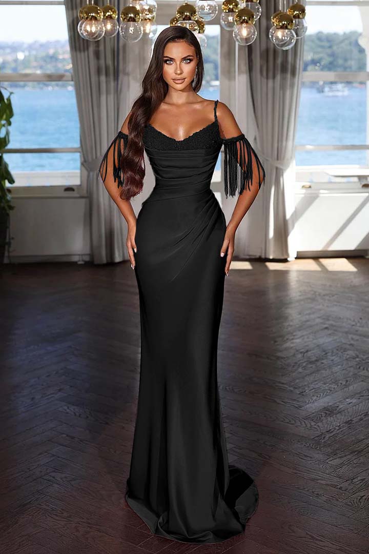 Newinlook Luxury Hot Pink Spaghetti Strap Mermaid Long Evening Dress With Chic Tassels and Sequins