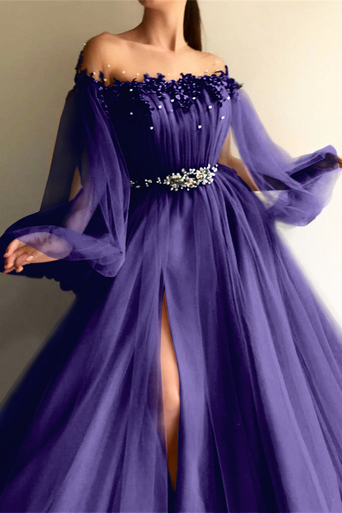 Newinlook Long Sleeves Off-the-Shoulder Evening Dress With Beads