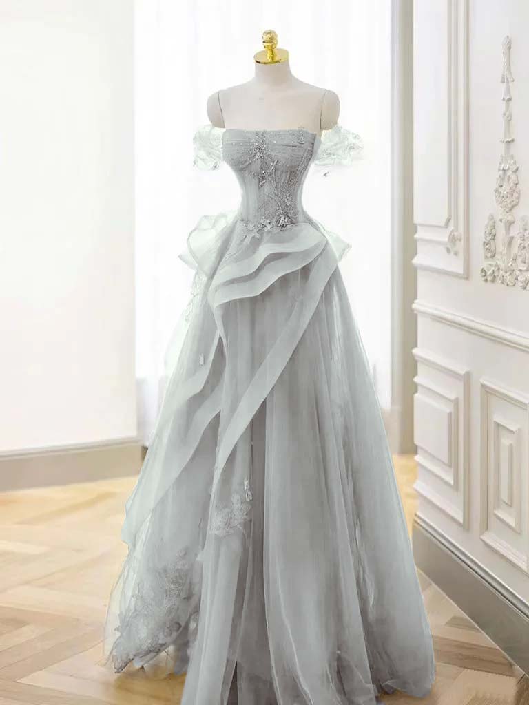 Tulle Off the Shoulder Sleeveless Long Formal Dress With Appliques