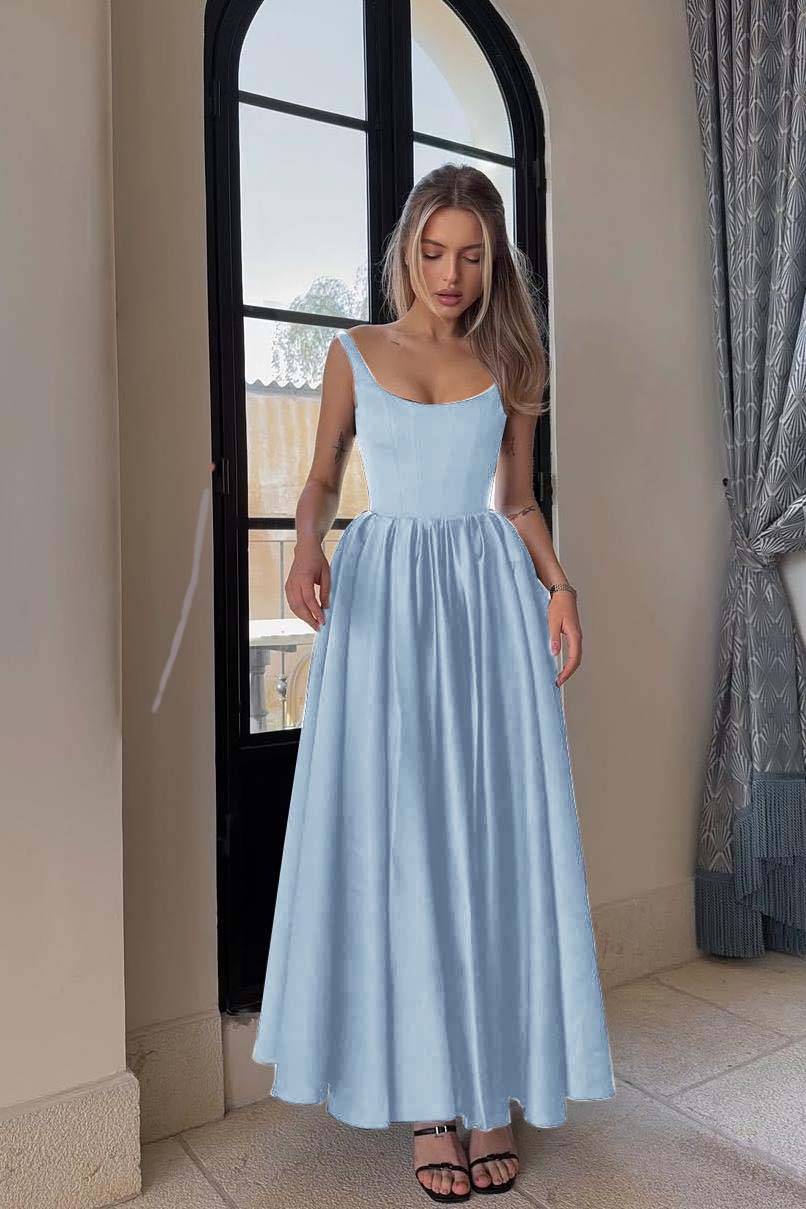 Spaghetti Strap Sleeveless A Line Long Formal Dress With Pleated