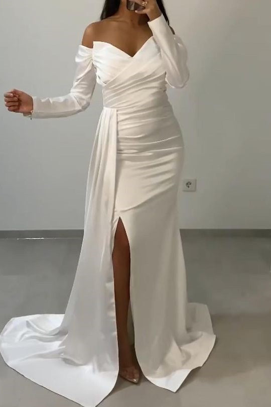 Newinlook Off-The-Shoulder Sweetheart Mermaid Long Sleeves Front Split Evening Dress With Ruffle