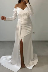Newinlook Off-The-Shoulder Sweetheart Mermaid Long Sleeves Front Split Evening Dress With Ruffle