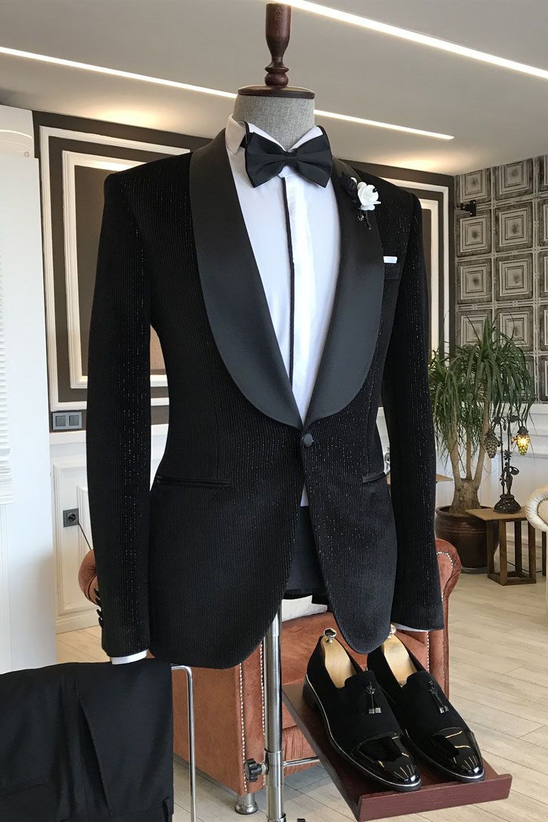 Newinlook Gentle Black Shawl Lapel Wedding Suit with One Button and Easy Fit